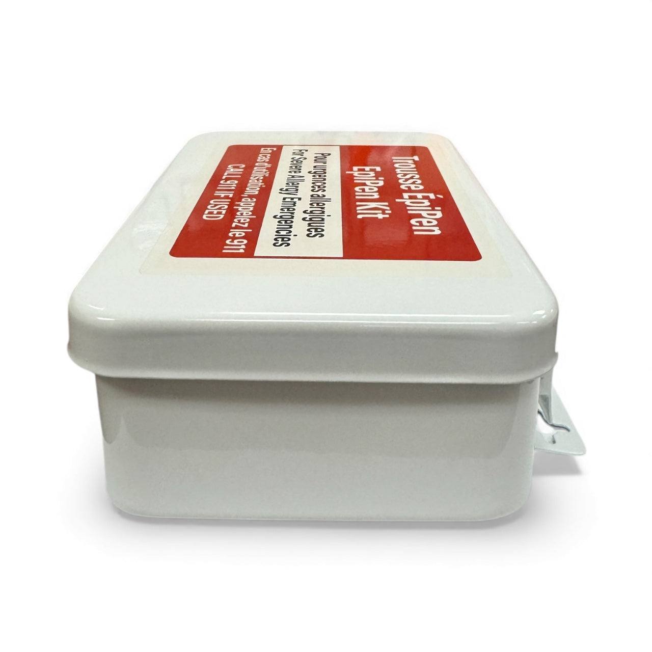 White rectangular container with a red label on a white background