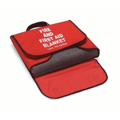 Red nylon pouch labeled 'Fire Blanket / Couverture Anti-Feu et de Premiers Soins' for emergency use, bilingual instructions.