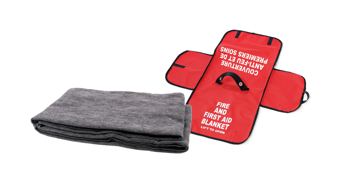 Dynamic fire blanket partially unrolled in a red nylon emergency pouch with hook-and-loop closures."