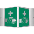 First aid station sign with green background and white symbols on a white background