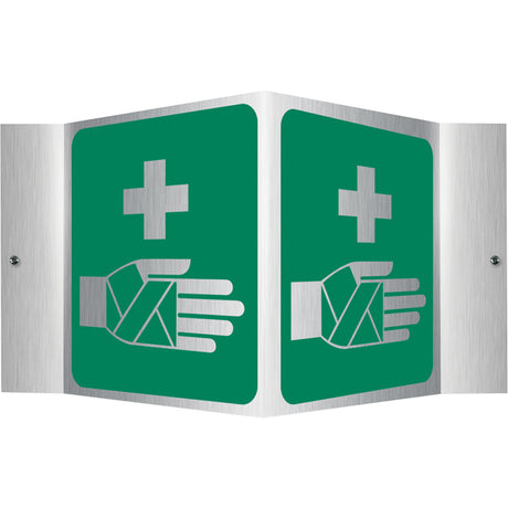 First aid station sign with green background and white symbols on a white background