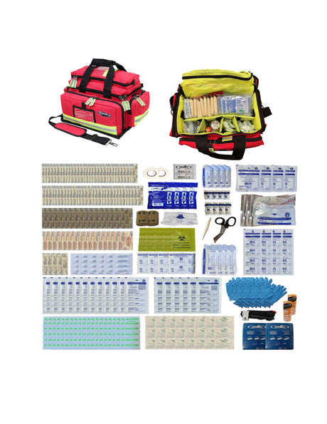 First aid kit with various supplies on a white background