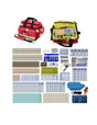 First aid kit with various supplies on a white background