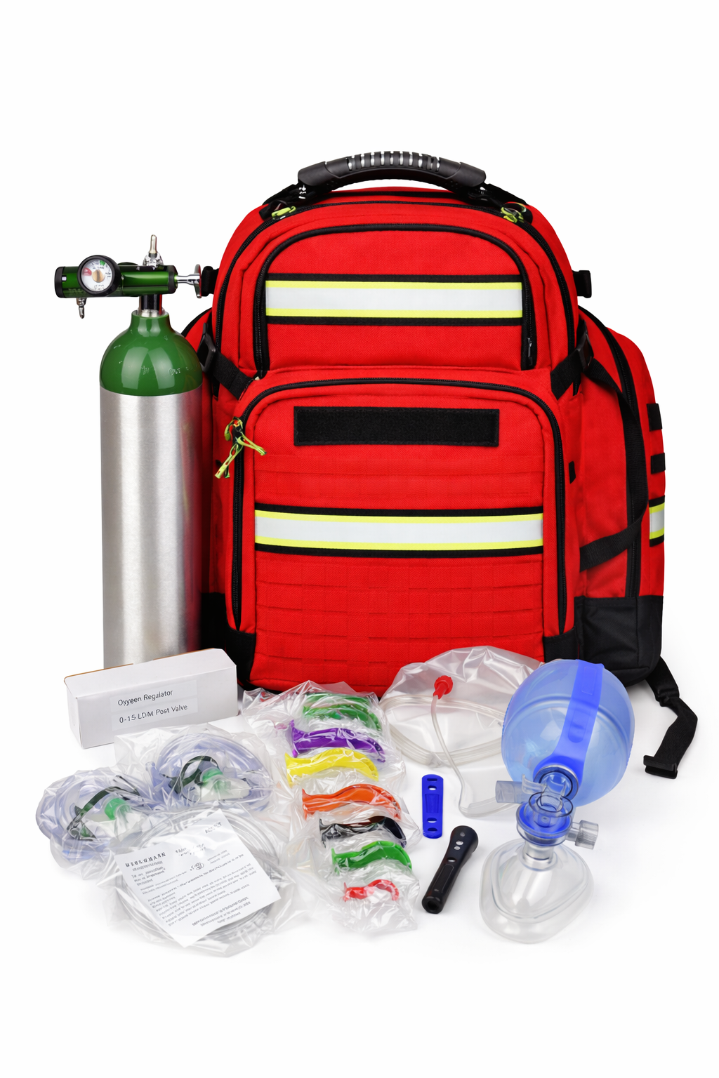 Red emergency backpack with medical supplies on a white background