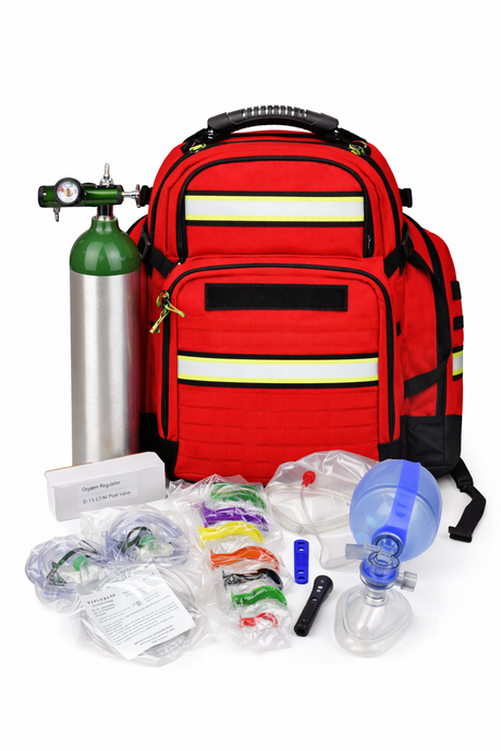 Red emergency backpack with medical supplies on a white background
