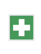 Green square with a white cross in the center on a white background