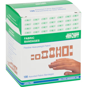 A box of Safe Cross First Aid fabric bandages, showcasing its features on the packaging. The box highlights key aspects such as being latex-free, having 100 assorted fabric bandages, and being made of flexible heavyweight fabric. The packaging also displays an image of various sizes and shapes of bandages, emphasizing their non-stick absorbent pads.