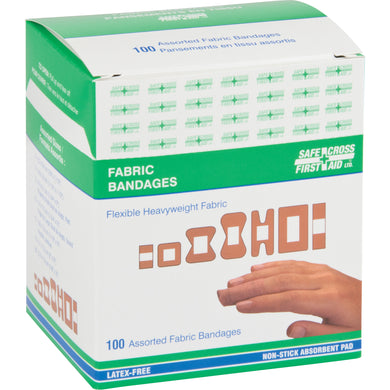 A box of Safe Cross First Aid fabric bandages, showcasing its features on the packaging. The box highlights key aspects such as being latex-free, having 100 assorted fabric bandages, and being made of flexible heavyweight fabric. The packaging also displays an image of various sizes and shapes of bandages, emphasizing their non-stick absorbent pads.