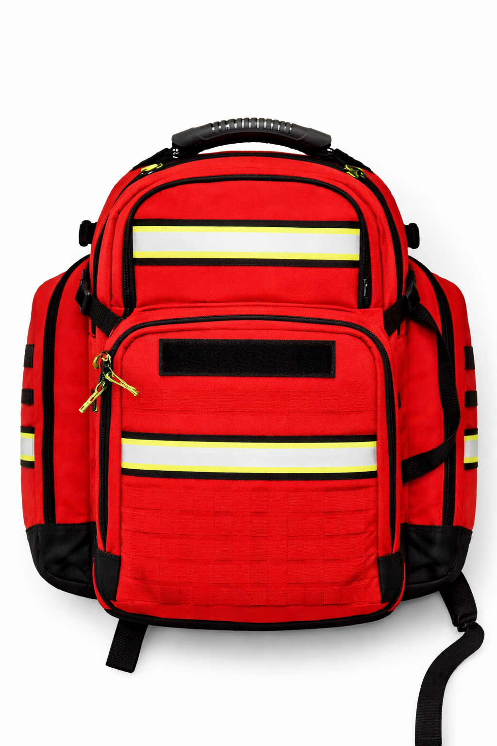 Red backpack with reflective stripes on a white background