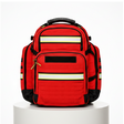 Red backpack with reflective stripes on a white background