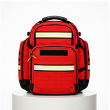 Red backpack with reflective stripes on a white background