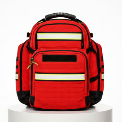 Red backpack with reflective stripes on a white background