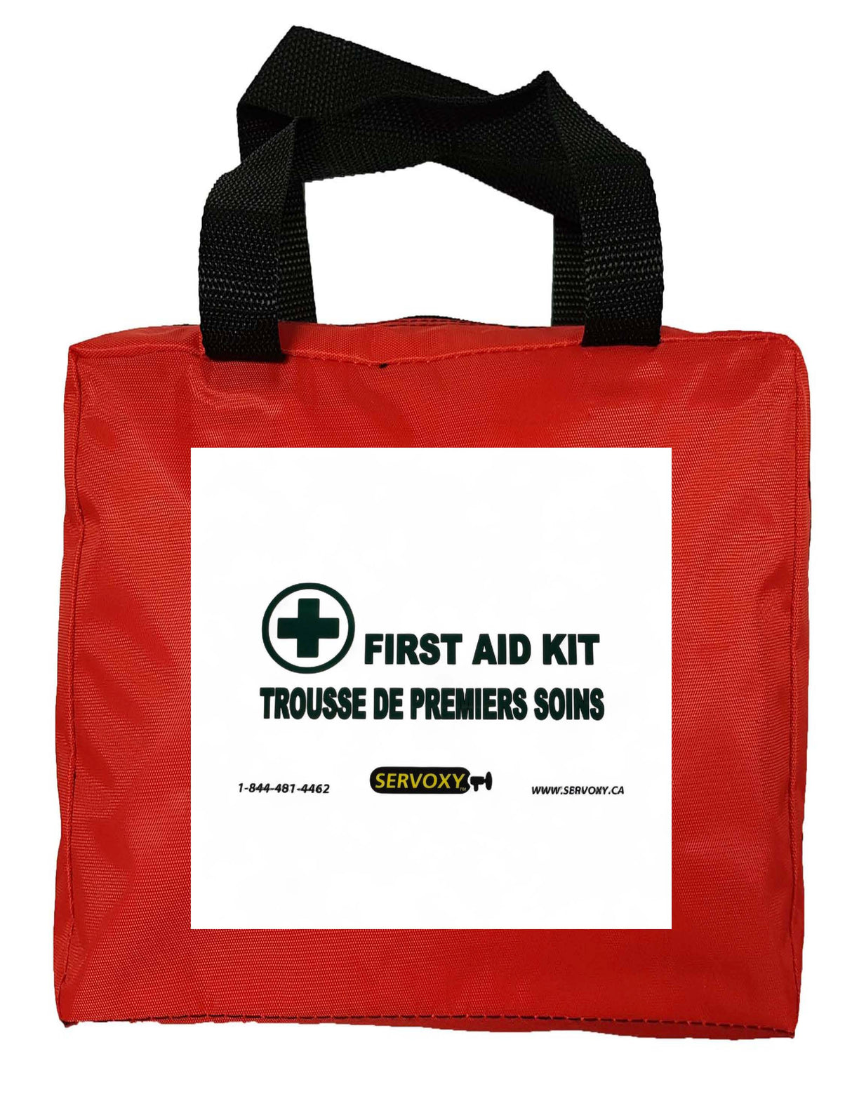 Red first aid kit bag with black handle on a white background