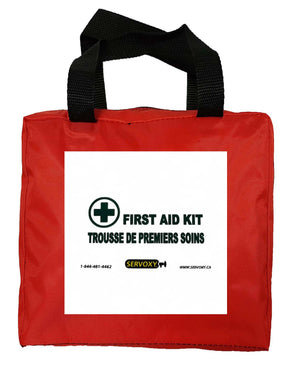 Red first aid kit bag with black handle on a white background