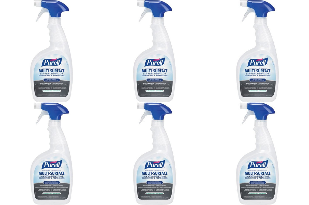 6-pack of Purell Multi-Surface Sanitizer & Disinfectant spray bottles arranged closely together, showing front labels clearly