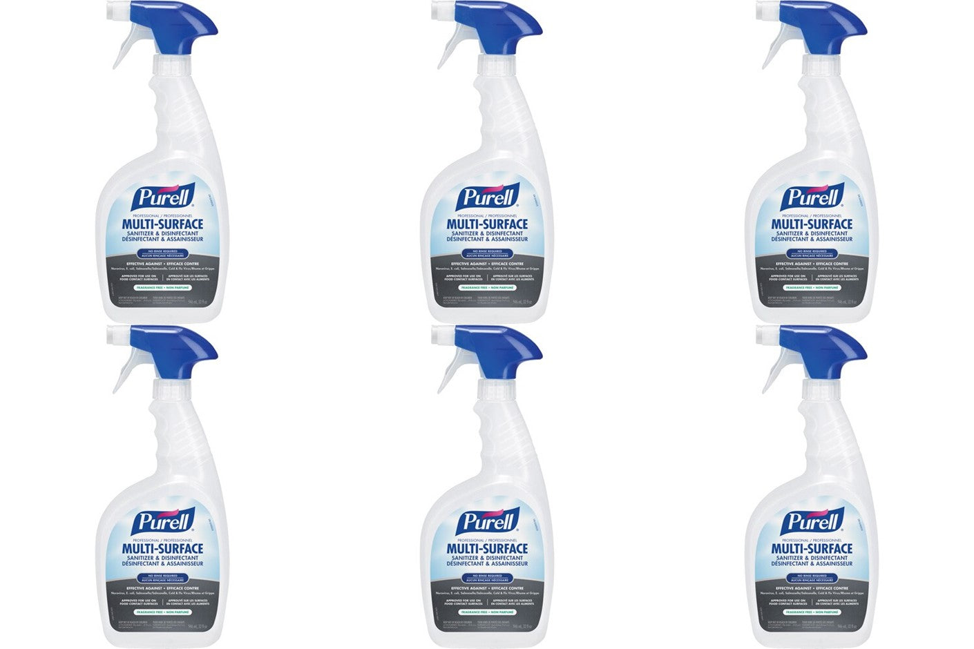 6-pack of Purell Multi-Surface Sanitizer & Disinfectant spray bottles arranged closely together, showing front labels clearly