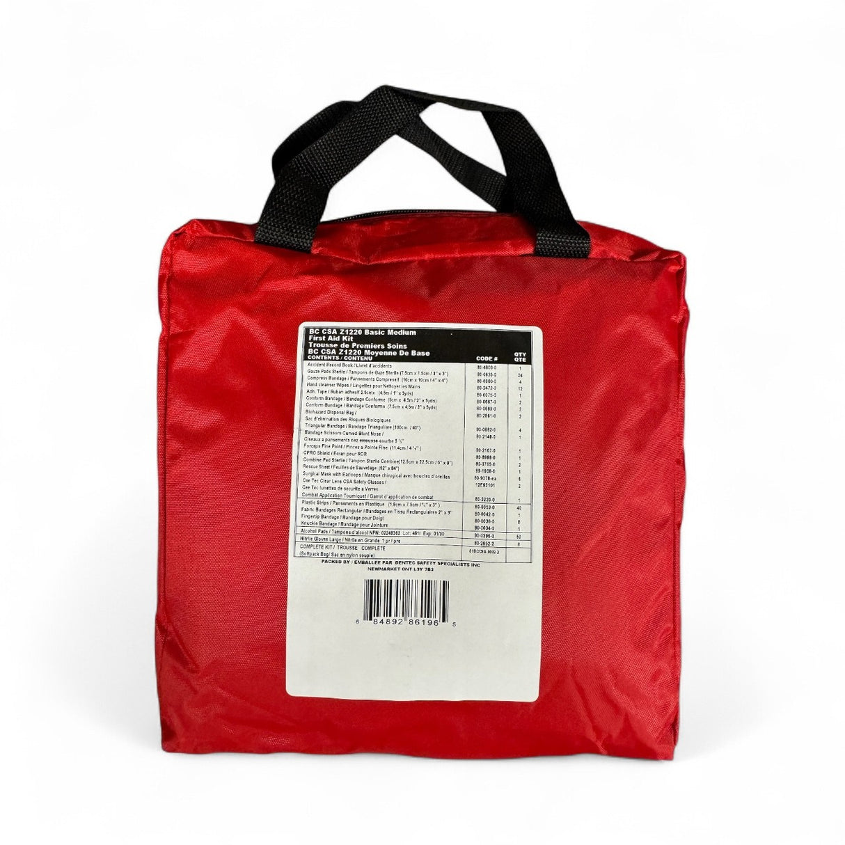 Red bag with a label on a white background