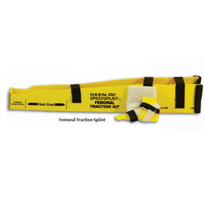 Yellow femoral traction splint kit with black straps on a white background