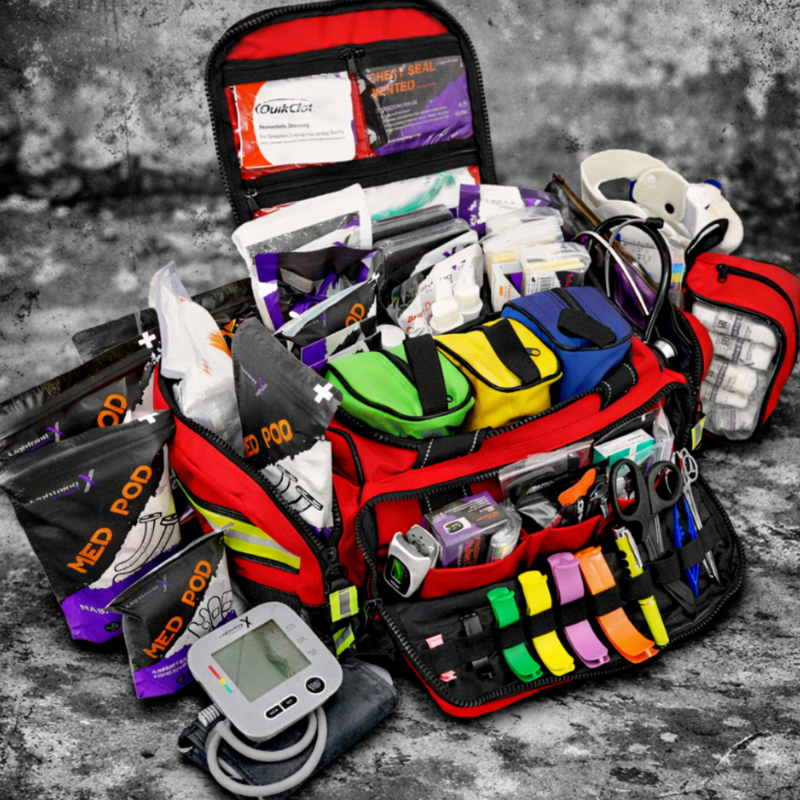 red trauma bag open showing all first aid supplies inside.