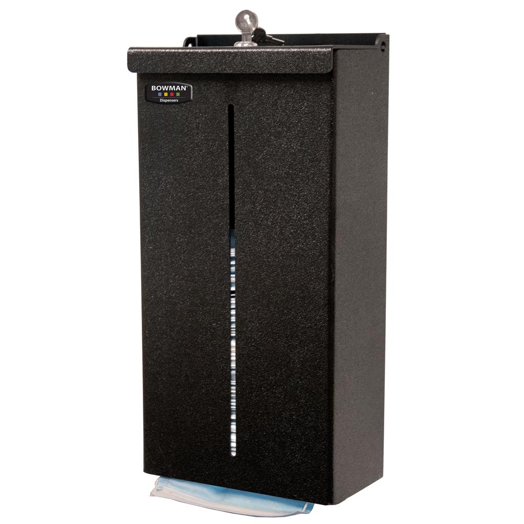 Image of a black Bowman Locking Face Mask Dispenser, designed for holding and dispensing ear loop masks