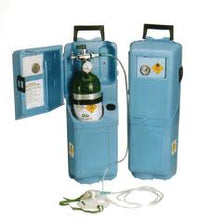 portable medical oxygen tank encased in a protective blue carry case, with an accompanying face mask and clear tubing