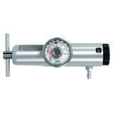 medical regulator with a central circular gauge displaying pressure levels, a black adjustment knob on the right, and a small outlet on the bottom